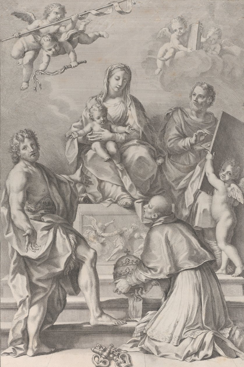Madonna und Kind mit Johannes dem Täufer, Lukas, Papst Peter Celestini, 1694 von Robert van Audenaerde
