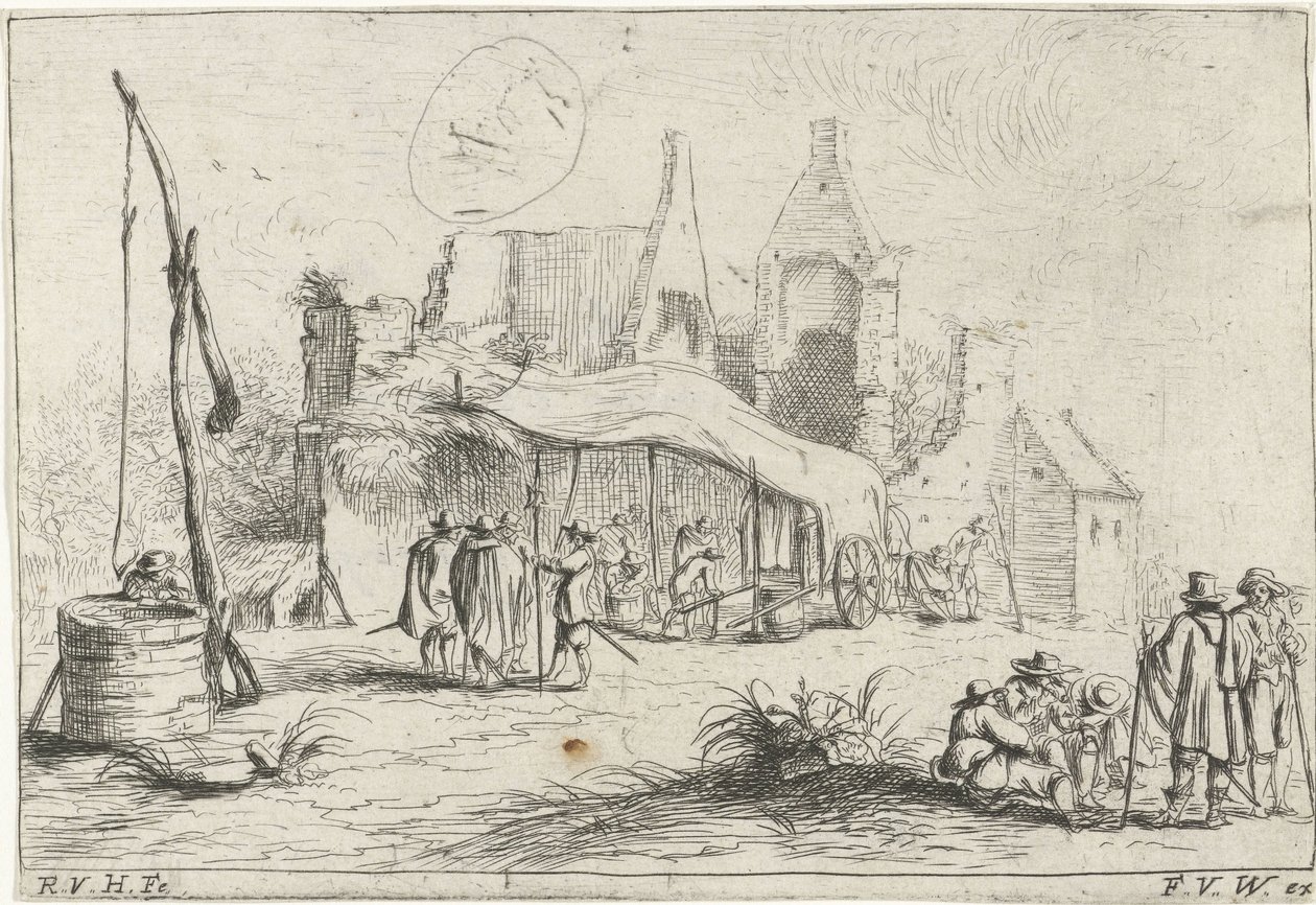 Brunnen und ein Zelt bei einer Ruine von Robert van den Hoecke