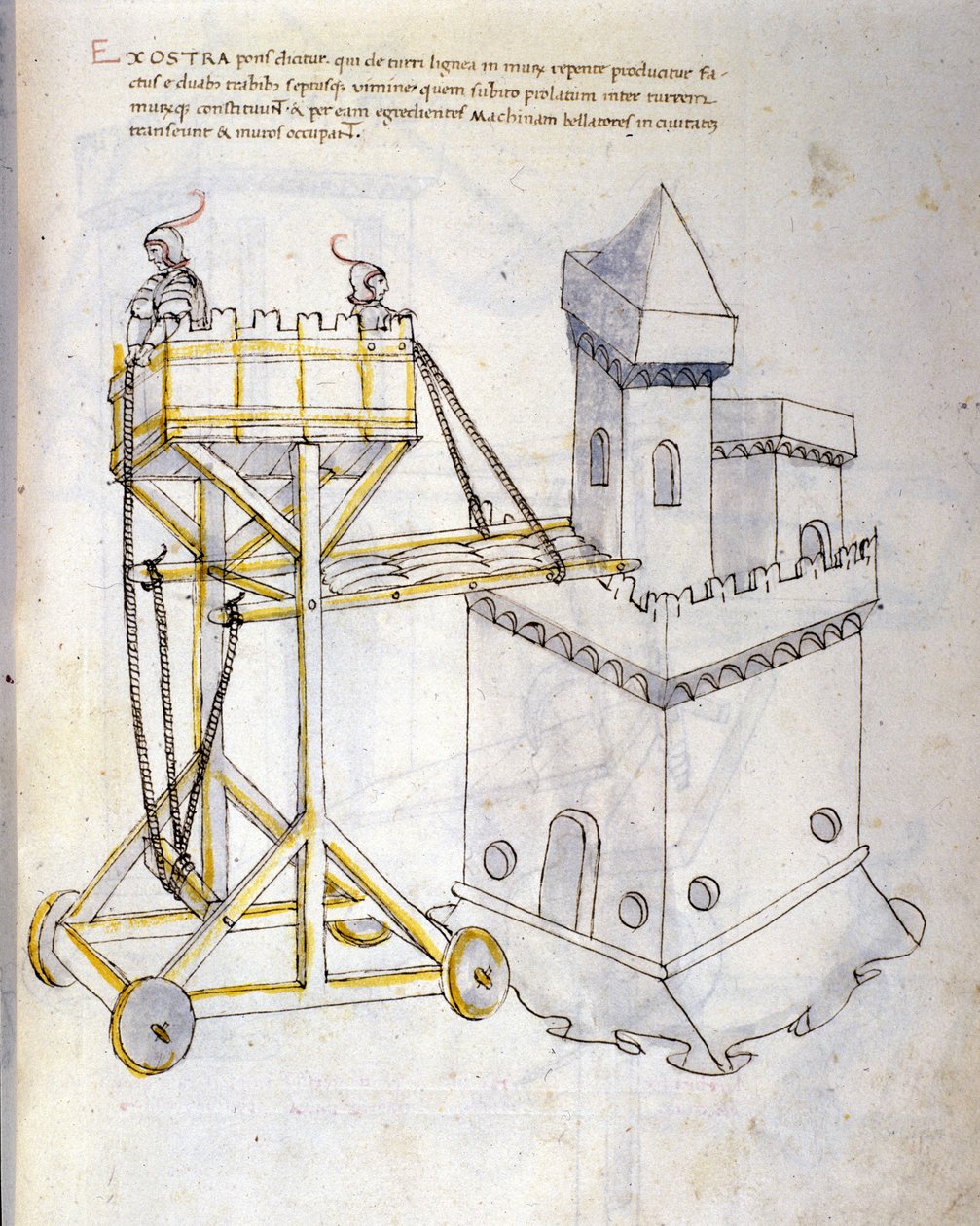 Kunst des Krieges: Studie über militärische Maschinen. Sturmwagen zum Belagern von Türmen, Illustration aus 