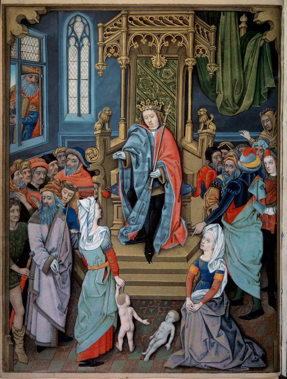 Salomons Urteil. Zwei Frauen behaupten, die Mutter desselben Kindes zu sein. Miniatur aus „Stundenbuch von Charles d