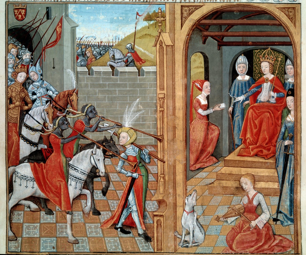 Die Amazonen am Hof einer Königin, wahrscheinlich Louise von Savoyen (1467-1531). Miniatur aus dem Manuskript fr. 22971 „Secret de l