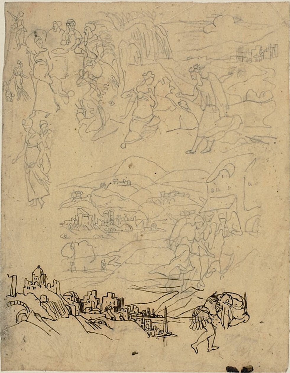 Skizzen biblischer Szenen, Stadt am See, Bergdorf, Krieger von Rodolphe Bresdin