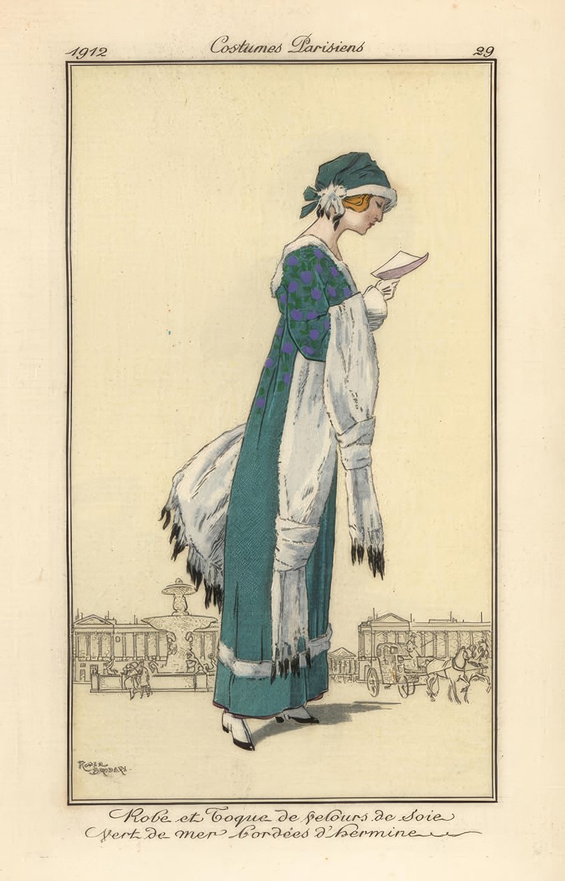 Frau, die einen Brief liest, in Samtkleid und Toque von Roger Broders