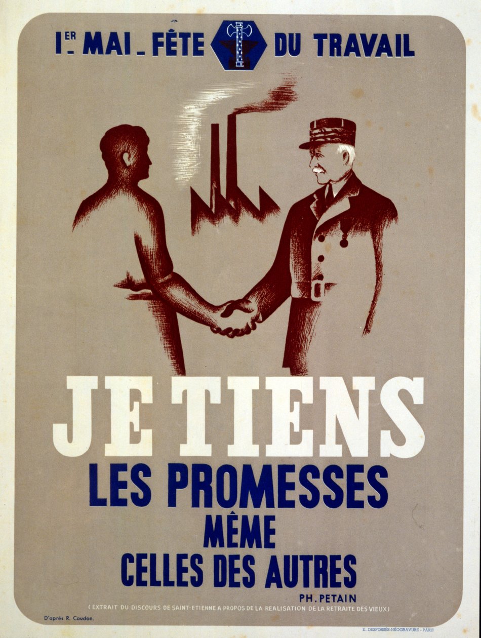 Propagandaposter von Marschall Pétain, dem Vichy-Französischen Führer, für das Maifest der Arbeiter im Kriegsfrankreich von Roland Coudon
