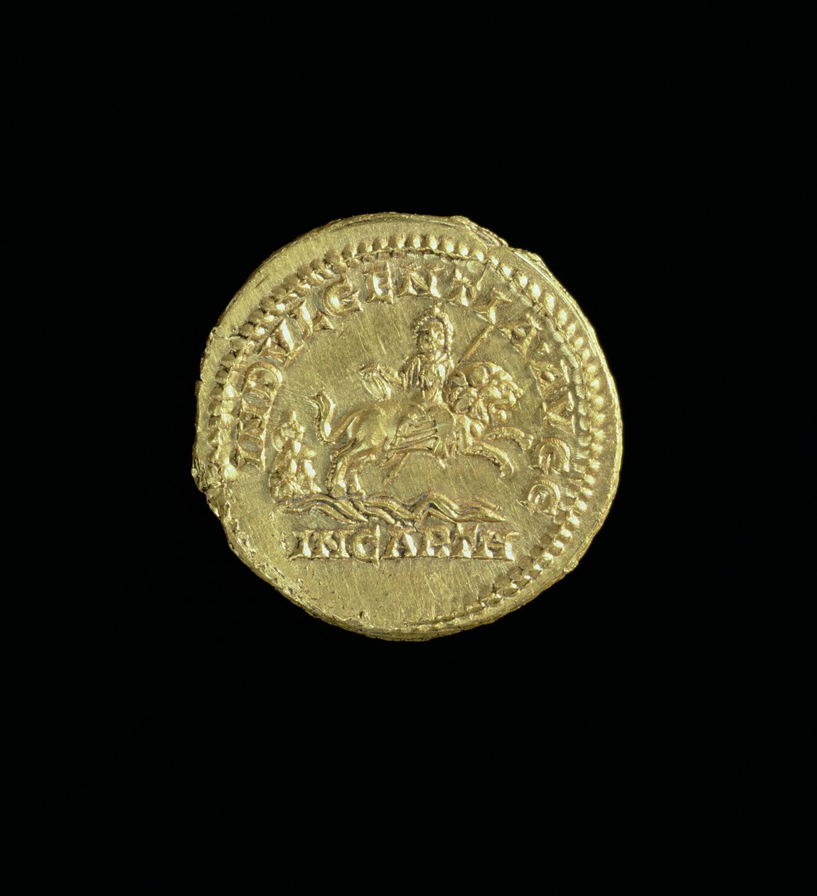 Aureus (Rückseite) von Caracalla (196-217 n. Chr.) zeigt die Göttin Caelestis, die rechts auf einem Löwen reitet. Inschrift: INDVULGENTIA AVGG IN CARTH von Roman