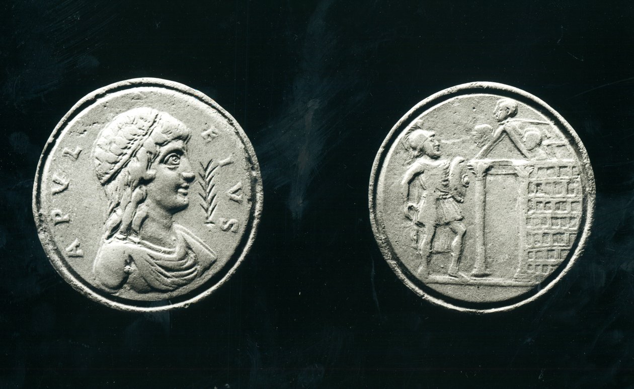 Contorniate, das Apuleius (ca. 124-nach 170 n. Chr.) darstellt und Rückseite, die einen Soldaten vor einem Tempel zeigt, 4.-5. Jahrhundert von Roman
