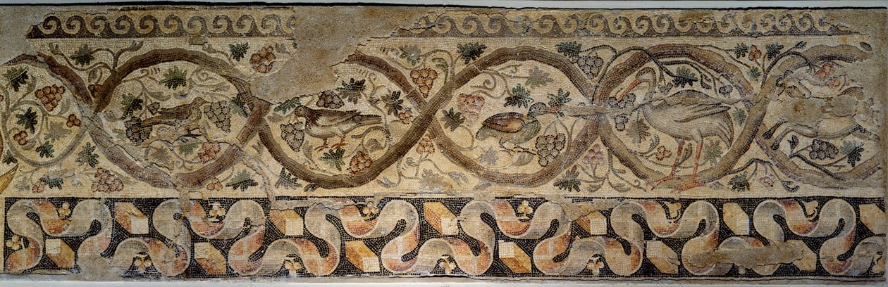 Antikes Rom: Mosaik der Jahreszeiten, das Blumen und Tiere darstellt von Roman