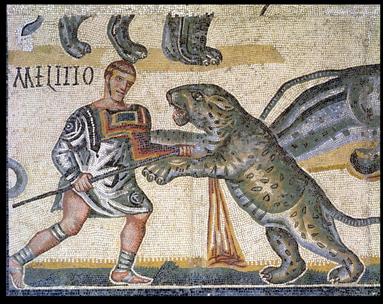Kampf der Gladiatoren gegen die Wildkatzen, Detail darstellend einen Gladiator, der durch eine Wildkatze rennt, 320 n. Chr. von Roman