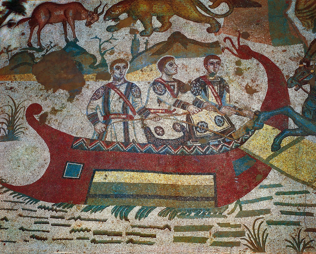 Detail aus dem Großen Jagdmosaik, Villa Romana del Casale, Piazza Armerina, Sizilien, Italien, 4. Jahrhundert von Roman