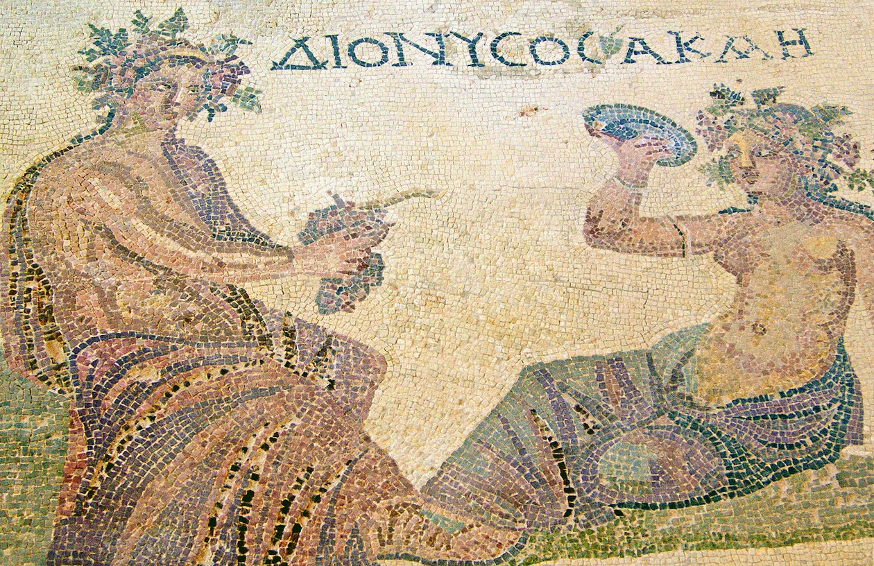 Dionysos berät die Nymphe Akme, Haus des Dionysos, Paphos, Zypern (Mosaik) von Roman