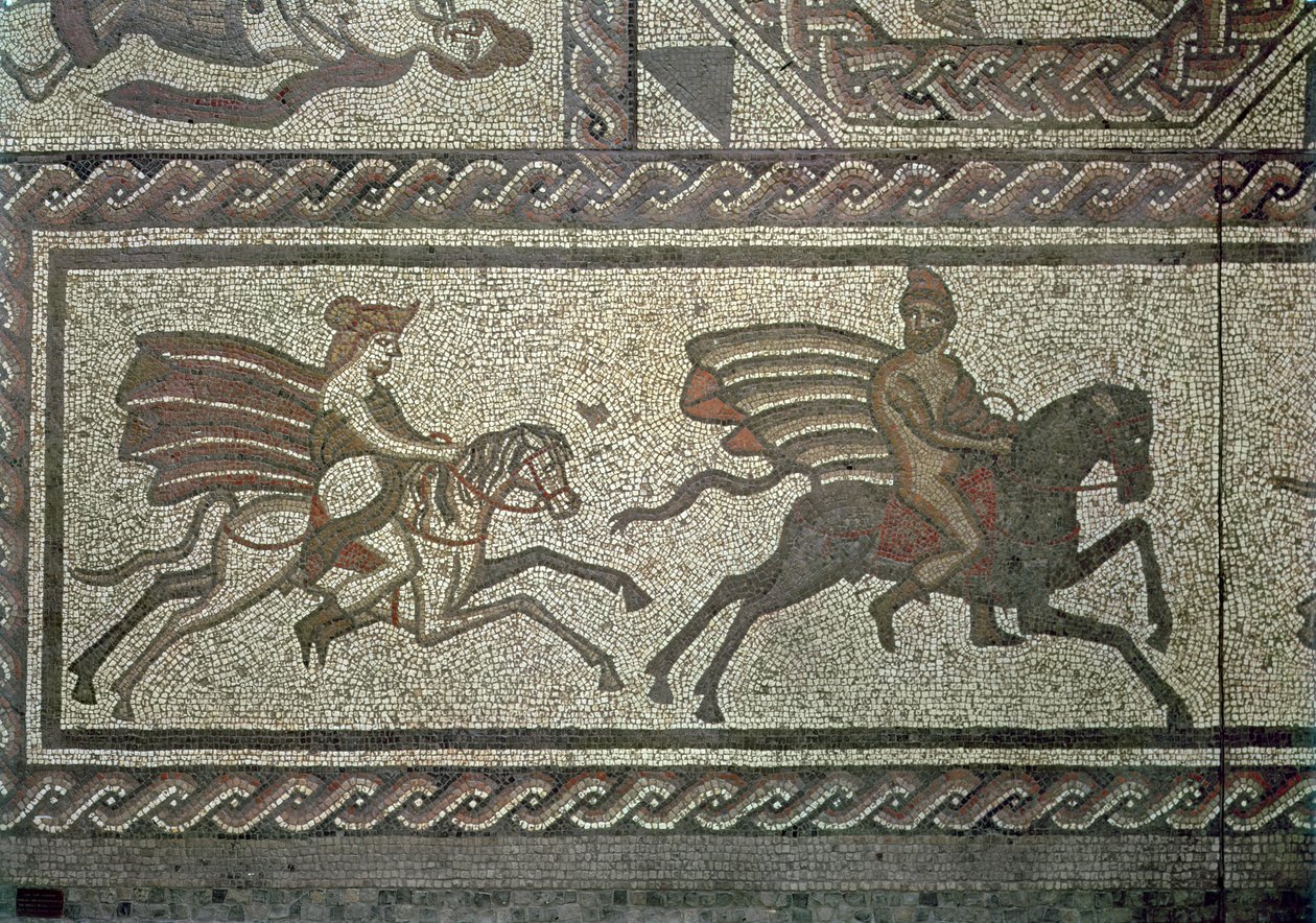 Mosaikpflaster aus der römischen Villa in Low Ham, das die Geschichte von Dido und Aeneas aus Virgils Aeneis darstellt, ca. 350 n. Chr. (Detail) von Roman