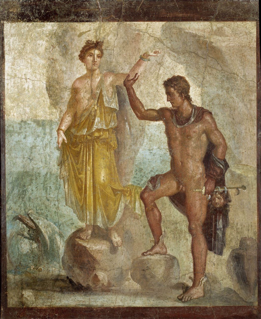 Perseus befreit Andromeda. Fresko 98x120cm. Aus dem Haus der Dioskuren (Casa dei Dioscuri) in Pompeji. 300 n. Chr. Nationales Archäologisches Museum, Neapel von Roman
