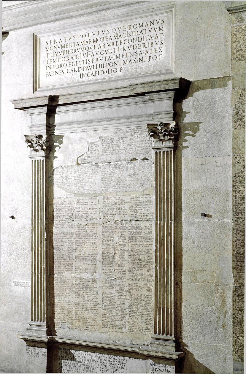 Tafel der Triumph- und Konsularfasten. Zeit des Kaisers Augustus. 27 v. Chr.-14 n. Chr. Rom, Musei Capitolini - Registrierungstafel der Konsular- und Triumphfasten Zeit des römischen Kaisers Augustus (27 v. Chr.-14 n. Chr.). Musei Capitolini, Rom, Italien von Roman