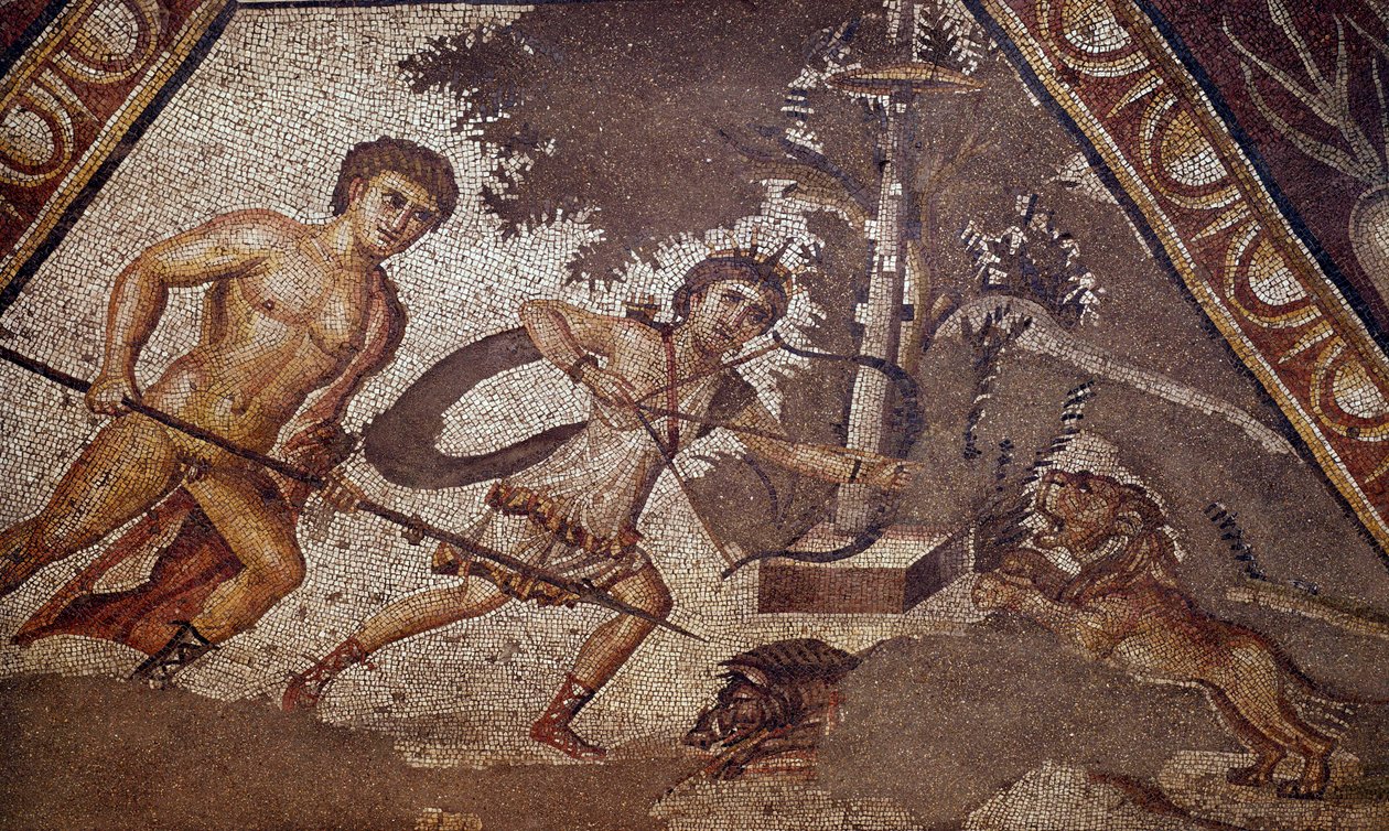 Römische Kunst: Mosaik der Jahreszeiten aus dem Hof der Konstantinsvilla von Daphne, das zwei Jäger darstellt. Detail. Aus dem Vorort von Antiochia am Orontes (heutiges Antakya in Syrien). 325-330 n. Chr. Paris, Musee du Louvre von Roman
