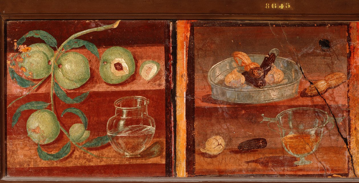 Römische Kunst: „Stillleben mit Pfirsichen und Trockenfrüchten“ Römisches Fresko aus Pompeji. 1. Jahrhundert v. Chr.-1. Jahrhundert n. Chr. Nationales Archäologisches Museum von Neapel. Italien von Roman