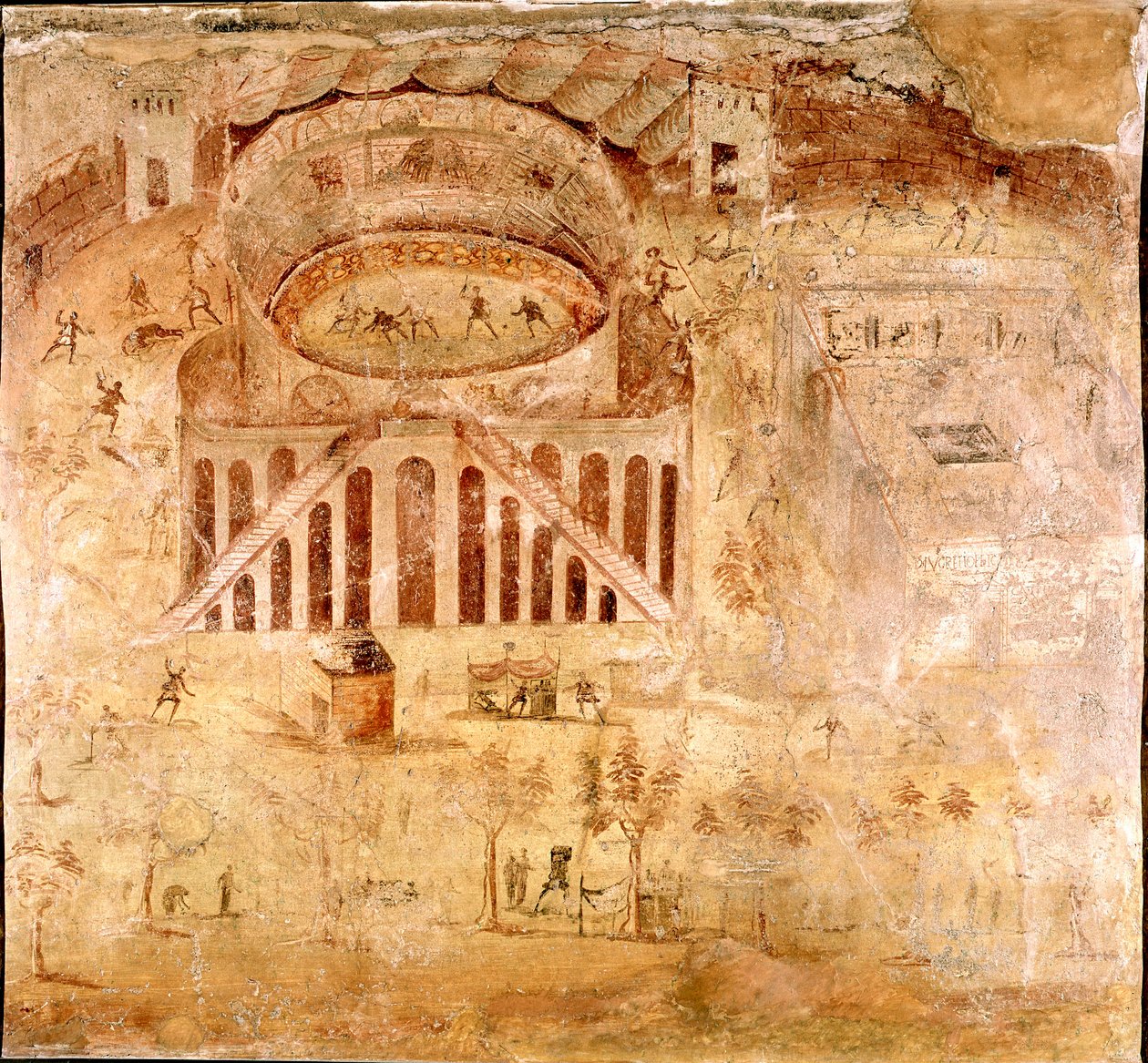 Römische Kunst: „Gewaltsamer Kampf zwischen den Bewohnern von Nocera und den Pompejanern im Amphitheater von Pompeji im Jahr 59 n. Chr.“ Detail eines Freskos. 1. Jahrhundert n. Chr. Vom Pompeji-Gelände. Neapel, Museo Archeologico Nazionale von Roman