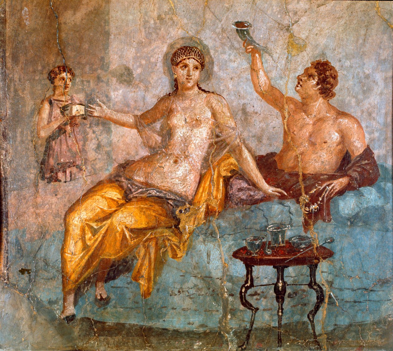 Römische Kunst: Bankettszene, ein junger Mann und eine Kurtisane. Römisches Fresko des 4. pompejanischen Stils von der Stätte Ercolano (Herculaneum) 60-80 n. Chr. von Roman