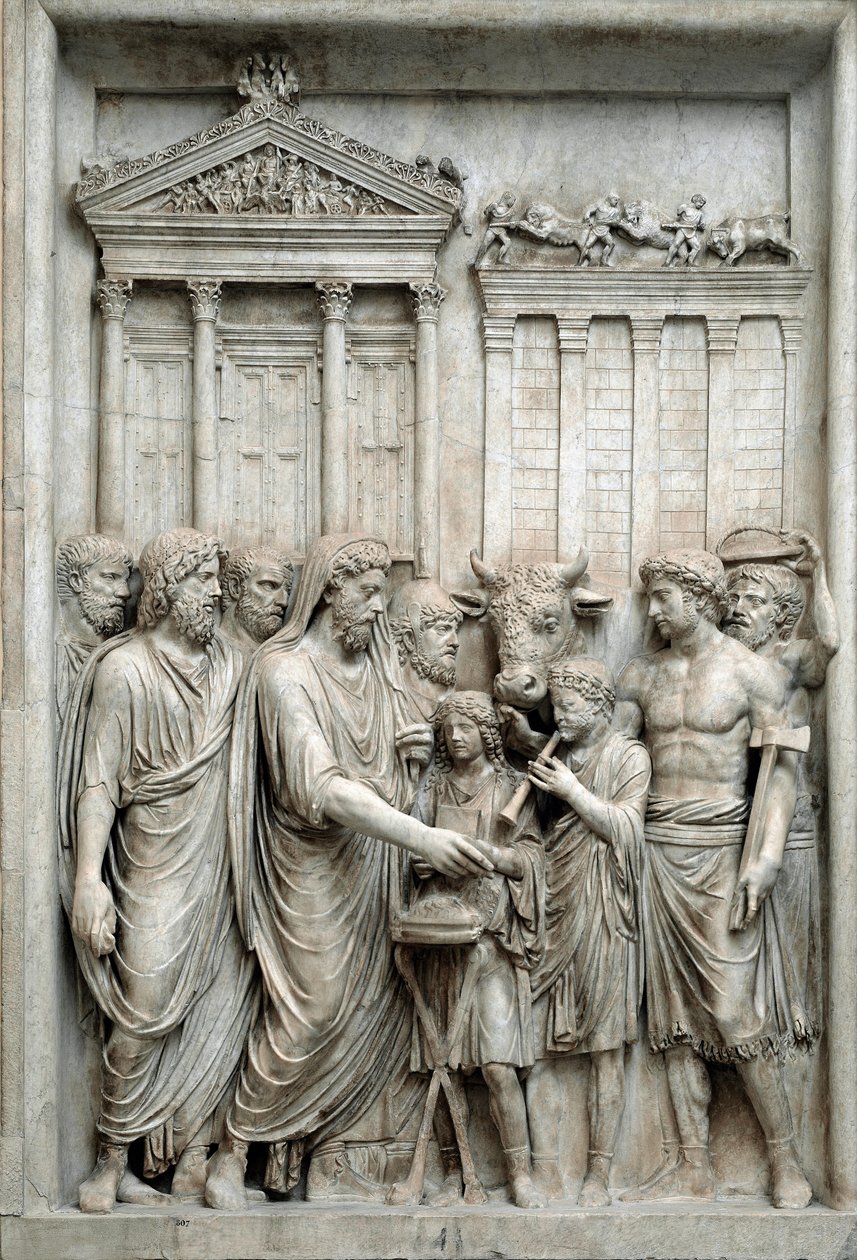 Römischer Kaiser Marcus Aurelius opfert vor dem Tempel des Jupiter, Rom, ca. 161-180 (Marmorrelief) von Roman