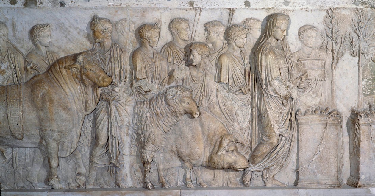 Römische antike Kunst: Opfer an den Gott Mars: „suovetaurilia“ um 15-16 n. Chr. Marmorskulptur, Oberes Römisches Reich (27 v. Chr.-235 n. Chr.), vom Standort Champ-de-Mars (in Rom). Paris, Musée du Louvre von Roman