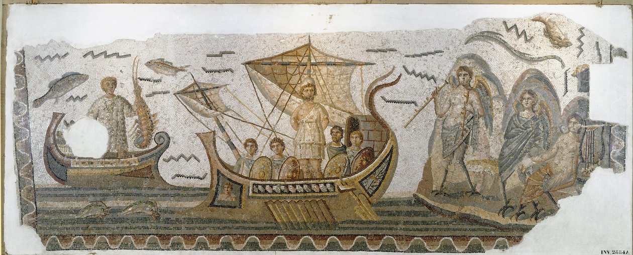 Römische Antike: „Odysseus auf seinem Boot widersteht dem Gesang der Sirenen“ (Mosaik, 250-270 n. Chr.) von Roman