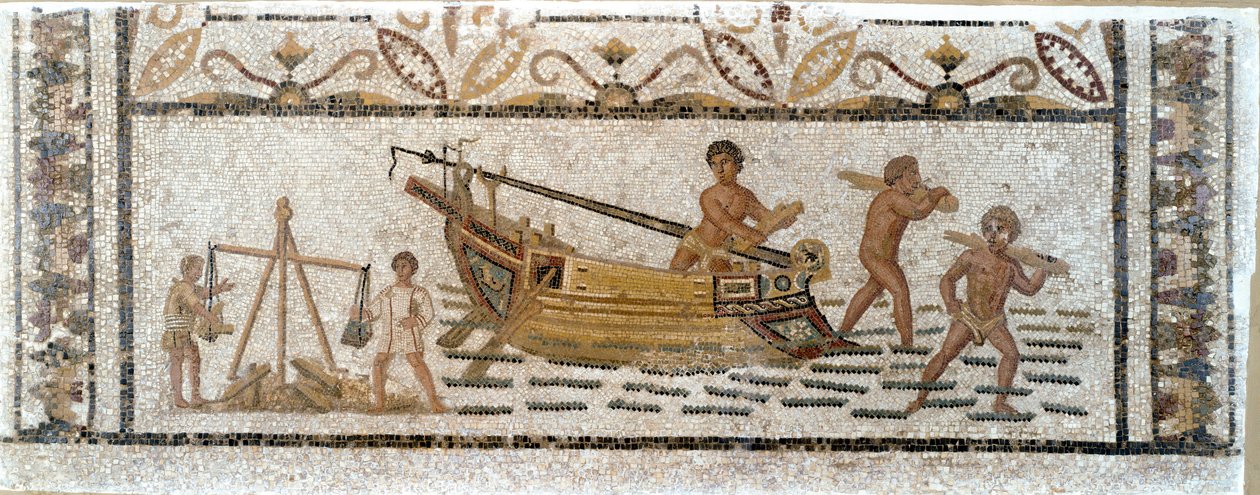 Römische Antiquität: Entladen einer Holzladung von einem Schiff und Wiegen von Blei von Roman