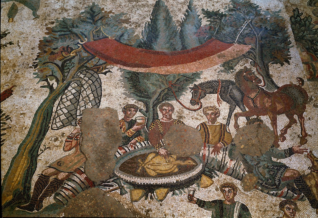 Römische Kunst: Detail des Mosaiks „Die kleine Jagdgesellschaft“ von Roman