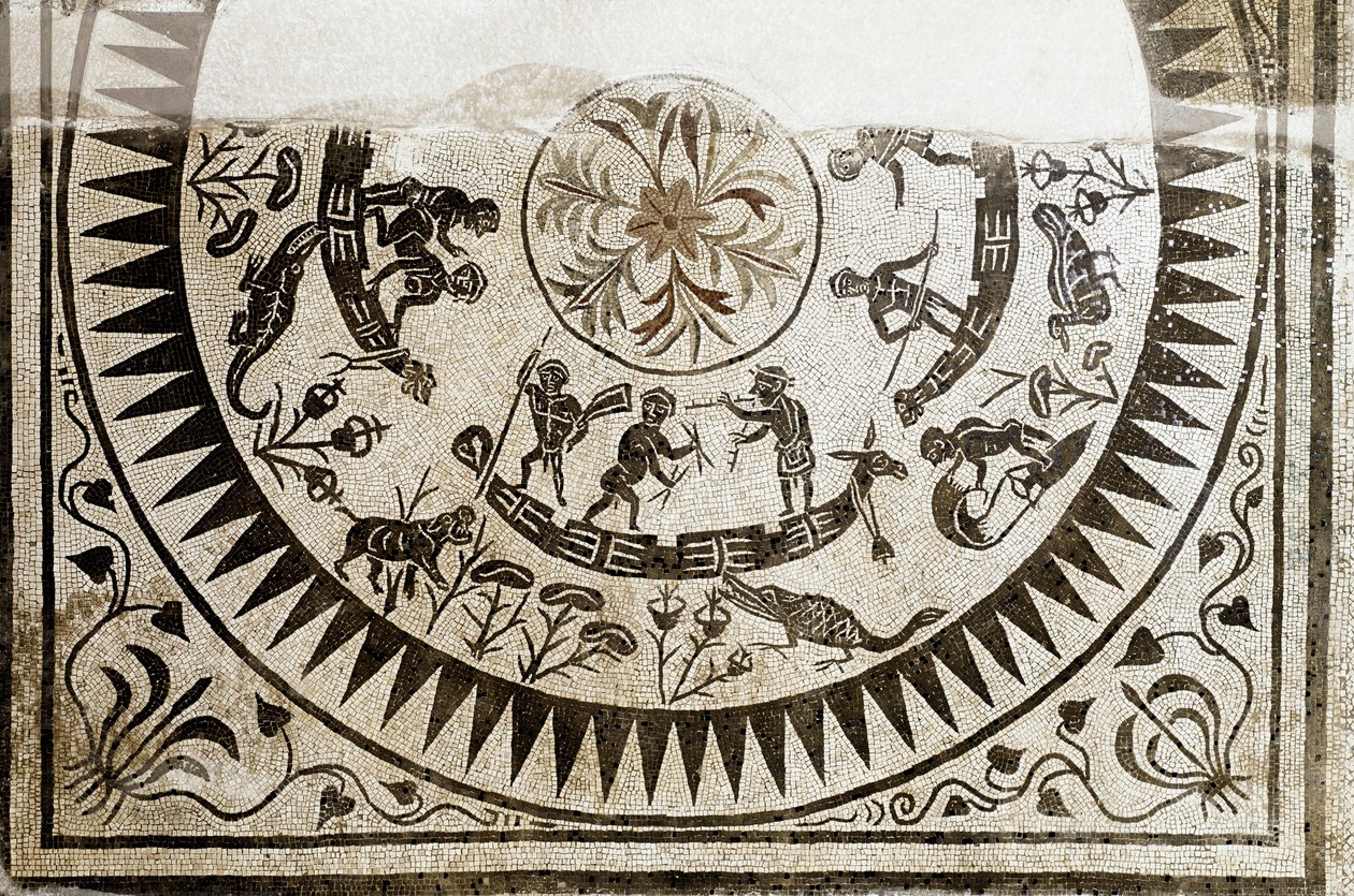 Römische Kunst: Jagd und Fischfang der Pygmäen. Mosaik aus dem 3. Jahrhundert von Roman