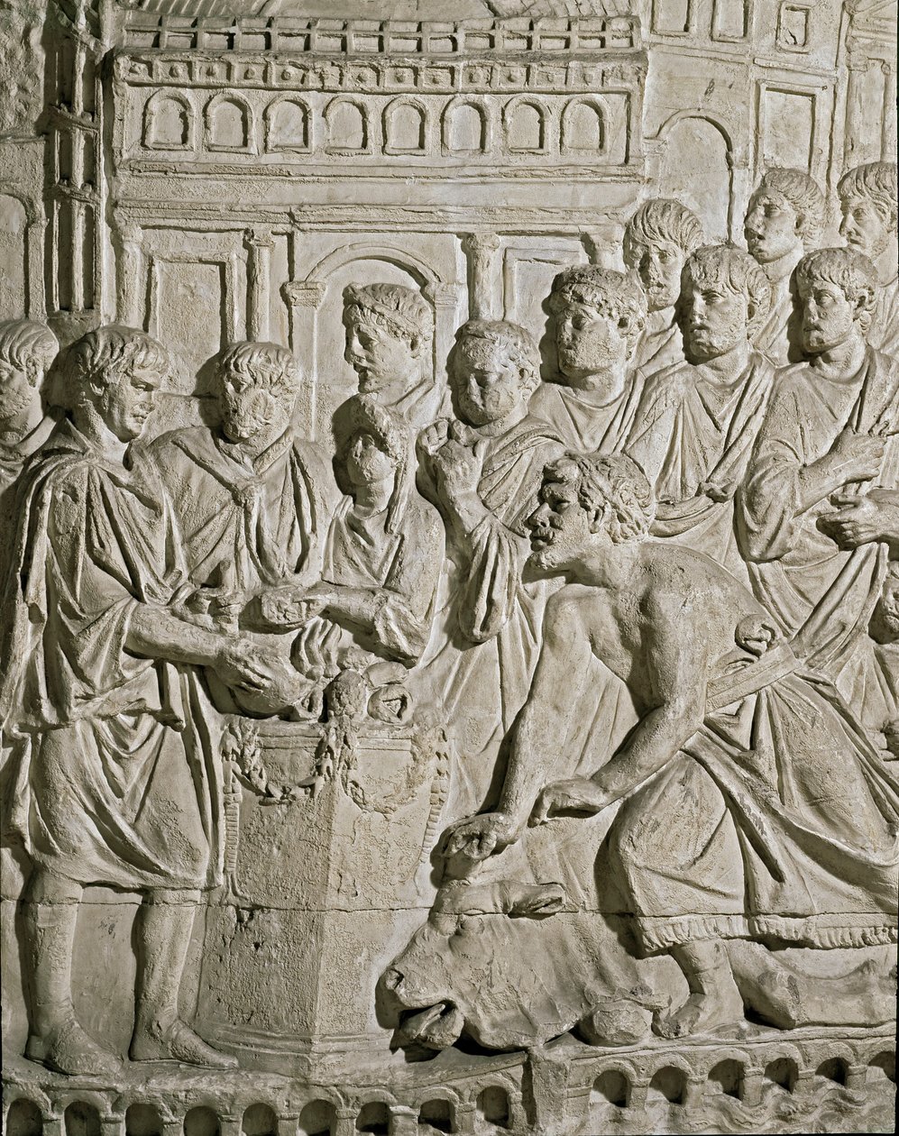 Römische Kunst: Flachrelief, das Sarmaten zeigt, die den Römern Tribut zollen (Reliefs der Säule des Marc-Aurele, 2. Jahrhundert n. Chr.) von Roman