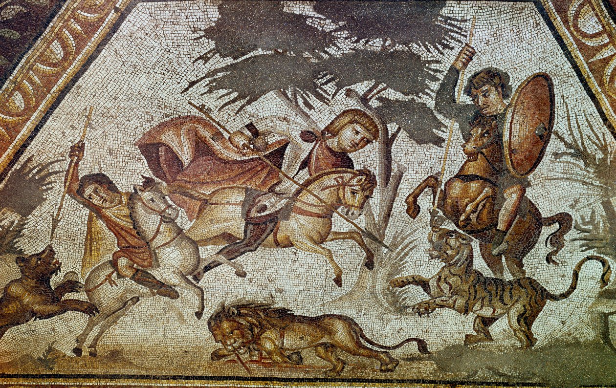 Mosaik der Jahreszeiten aus dem Hof der Konstantin-Villa von Daphne. Detail (Jagdszene mit Löwe und Tiger). Aus dem Vorort von Antiochia am Orontes (heutiges Antakya in Syrien). 325-330 n. Chr. Paris, Musée du Louvre von Roman