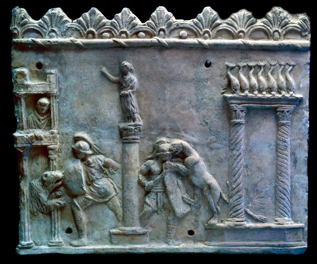 Römische Kunst: Szene eines Gladiatorenkampfes gegen Tiere (Venatio). 1. Jahrhundert v. Chr. Genf, Museum für Kunst und Geschichte von Roman