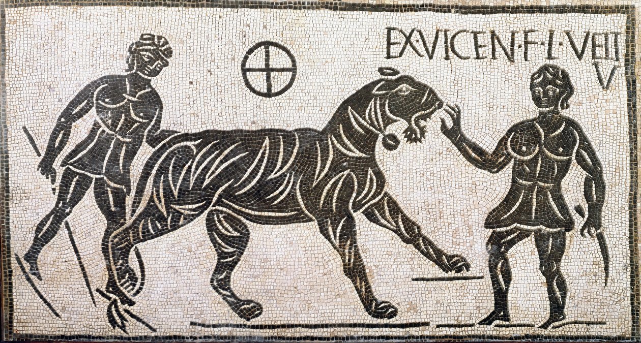 Römische Kunst: „Zwei Frauen zähmen einen Tiger“ (Mosaik aus Castro Pretorio in Rom) von Roman