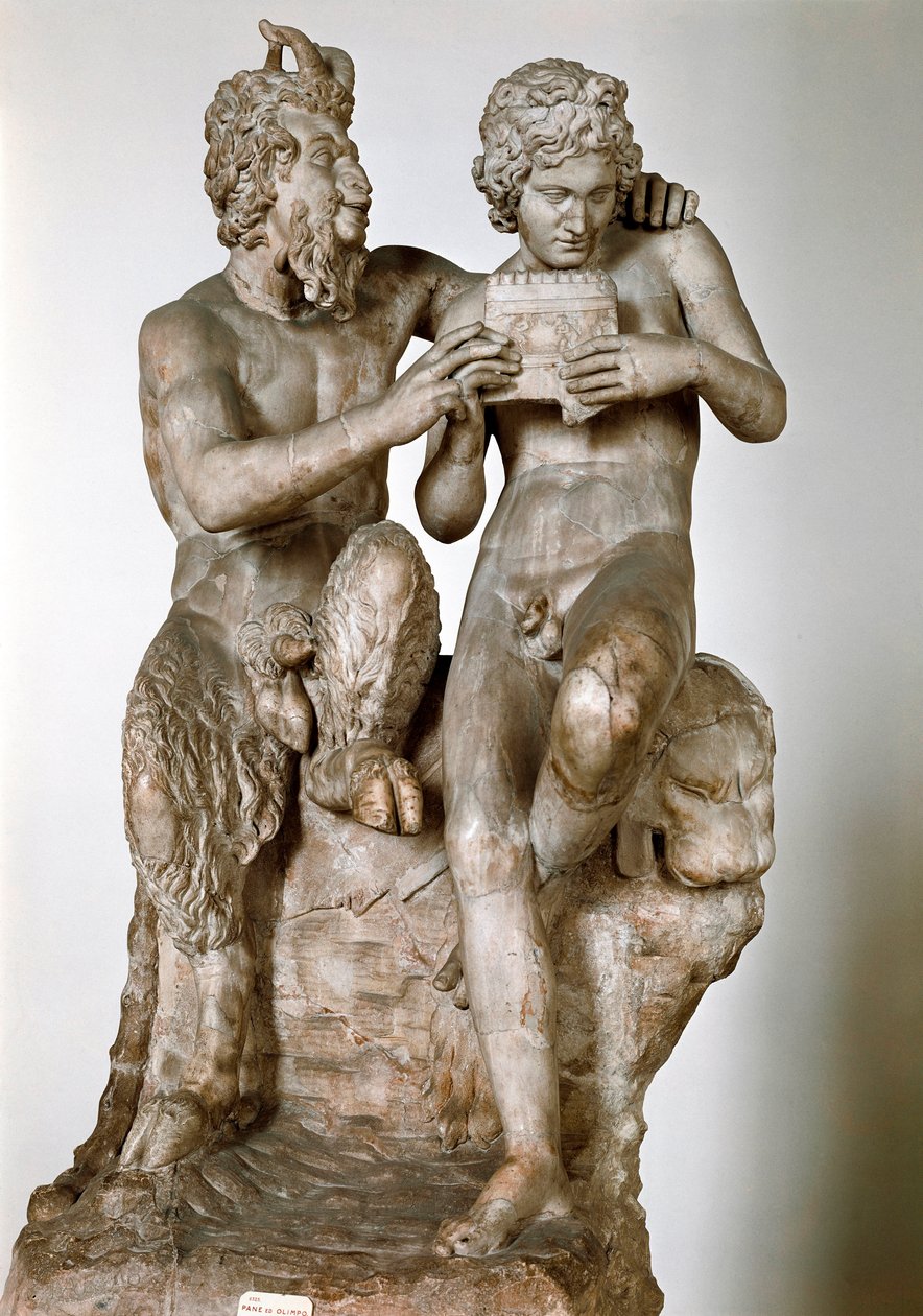 Statuette des Gottes Pan, der seinem Eromenos, dem Hirten Daphnis, das Flötenspiel beibringt. Römische Marmorskulptur nach einem griechischen Original. Nationales Archäologisches Museum von Neapel von Roman