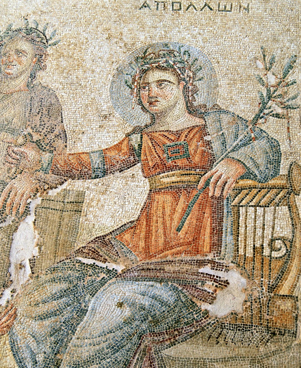 Das Apollo und Marsyas Mosaik, Detail von Plinius und Apollo, Haus des Aion, Paphos, Zypern von Roman