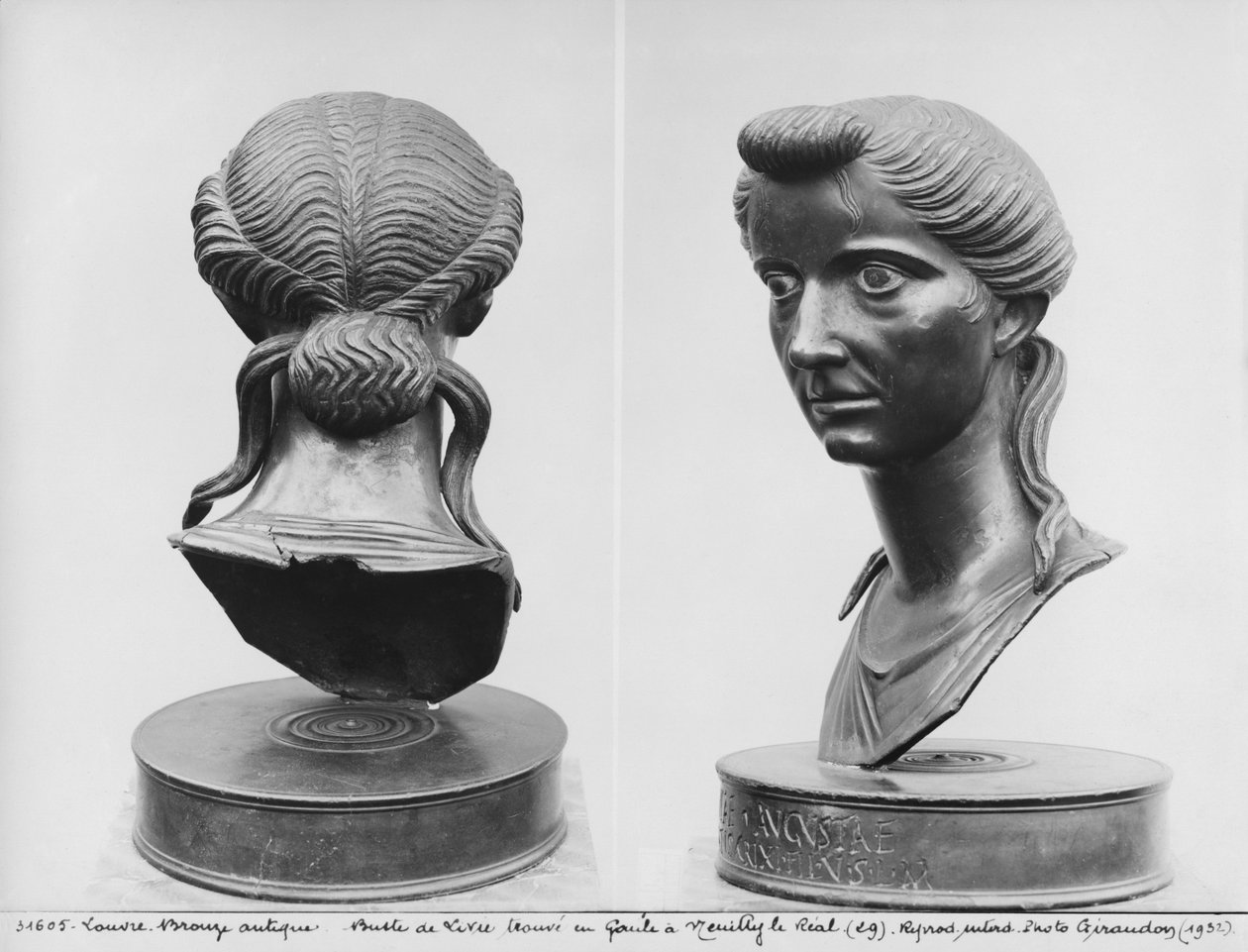 Zwei Ansichten einer Büste von Livia (58 v. Chr.-29 n. Chr.) (Bronze) (s/w Foto) von Roman