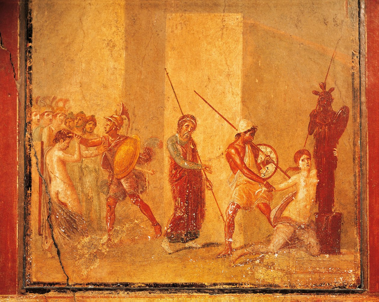 Fresko, das die Begegnung zwischen Priamos, Menelaos und Helena im Königspalast, Pompeji, Kampanien, römische Zivilisation darstellt von Roman Roman