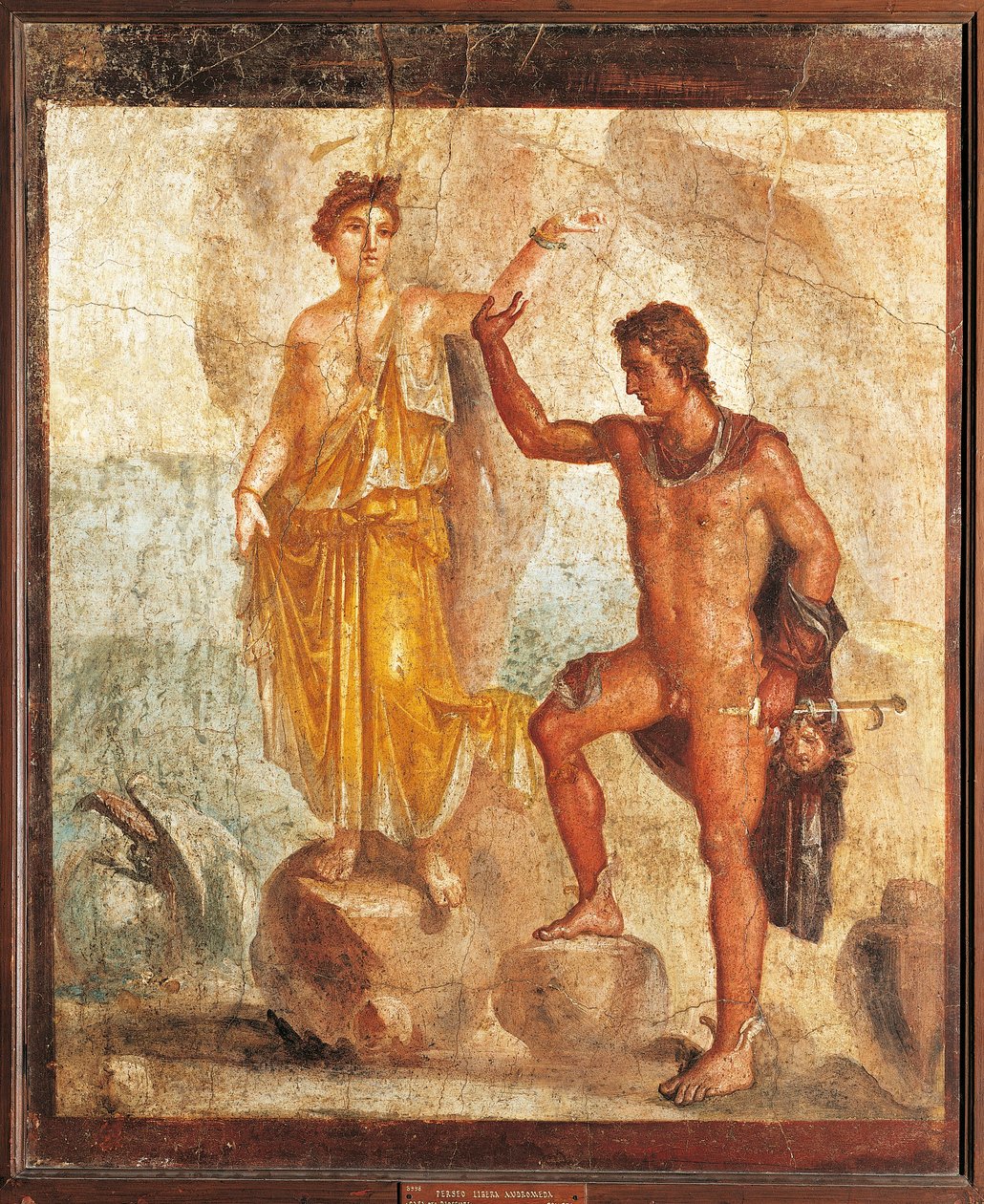 Italien, Kampanien, Pompeji, Perseus befreit Andromeda aus dem Haus der Fünf Skelette, Fresko von Roman Roman