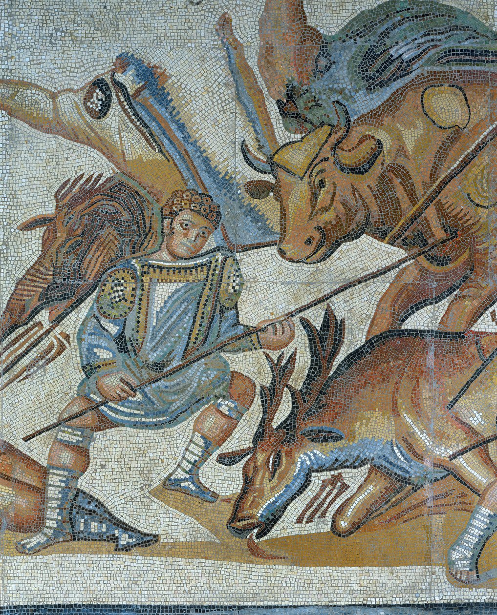 Mosaik mit einer Szene einer wilden Jagd, (Detail) eines Gladiators, der ein Tier tötet von Roman Roman