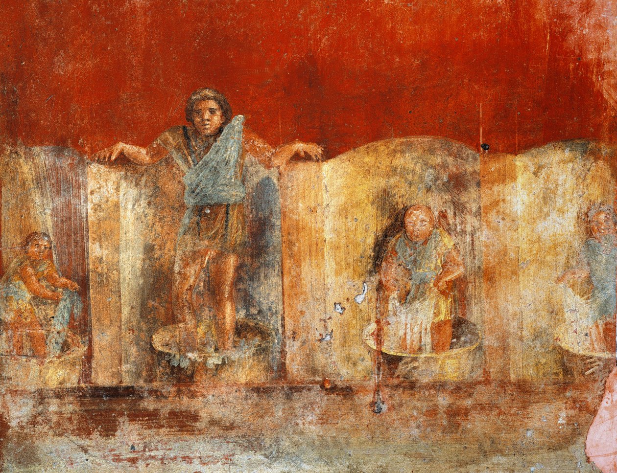 Säulenfresko, das die Wollherstellung darstellt, aus Pompeji, Fullonica von Veranio Ipseo von Roman Roman