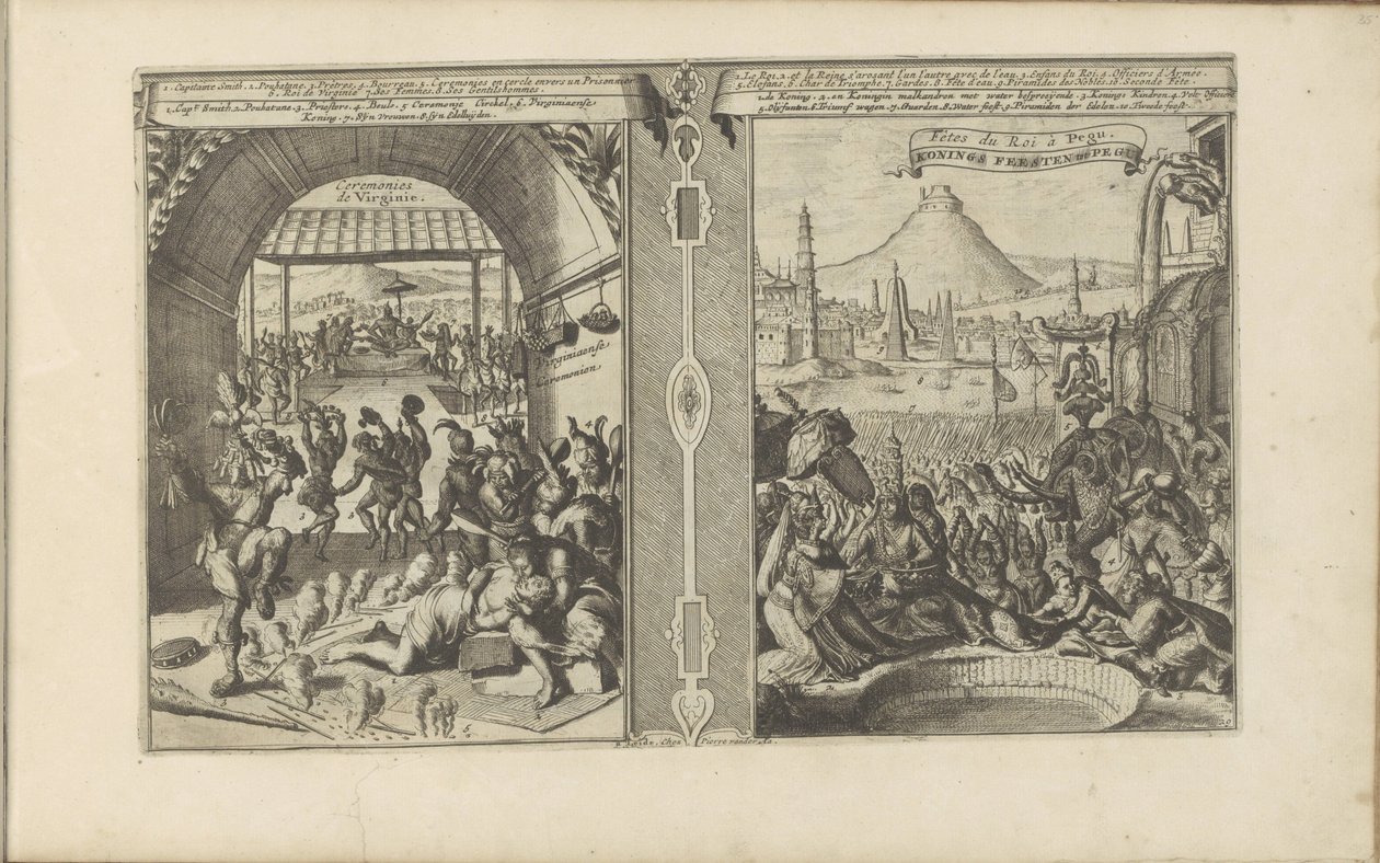 Häuptling Smith bei den Virginianern; Königliches Fest in Pegu von Romeyn de Hooghe