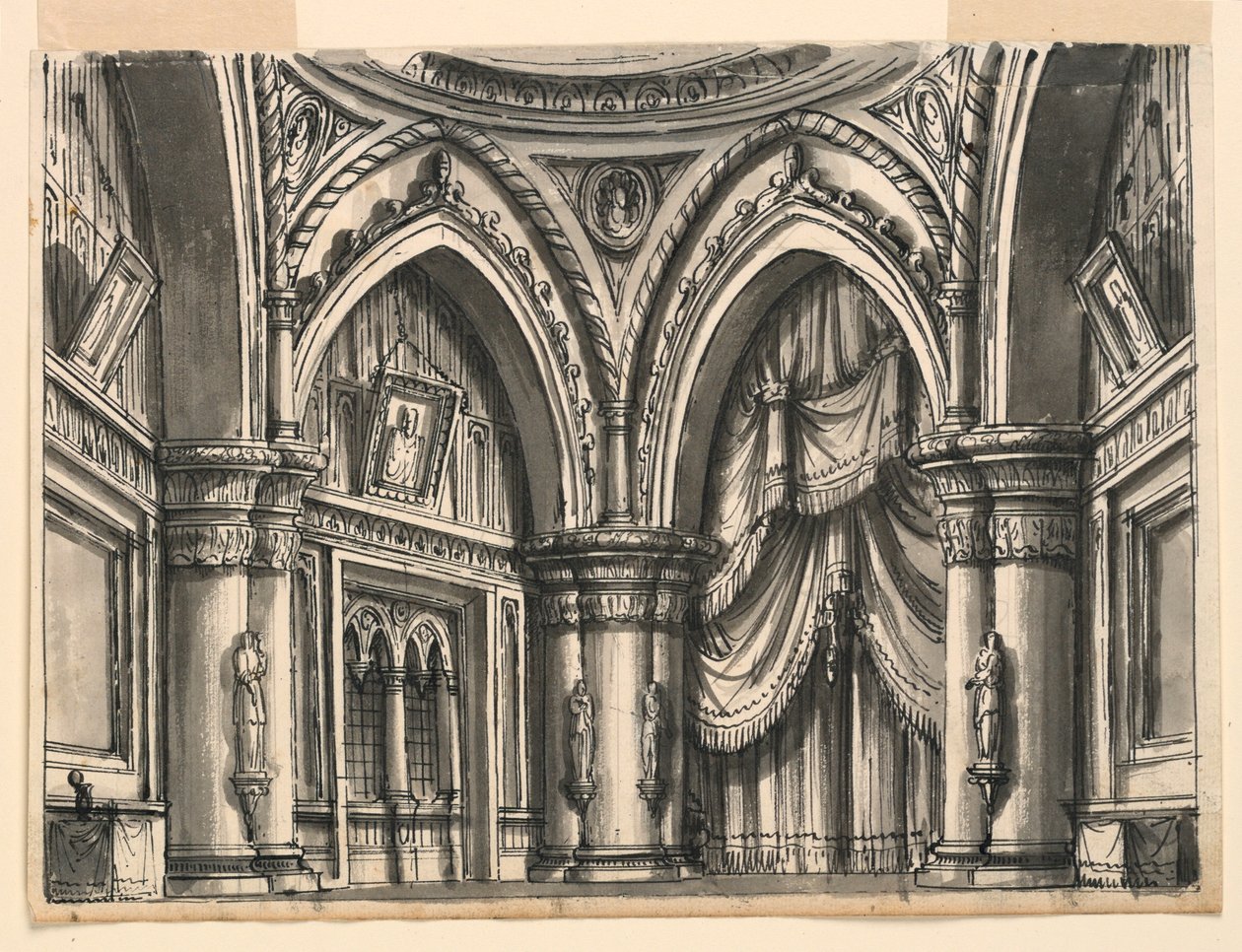 Bühnenbild, Innenraum einer hochgotischen Halle mit Spitzbögen von Romolo Achille Liverani