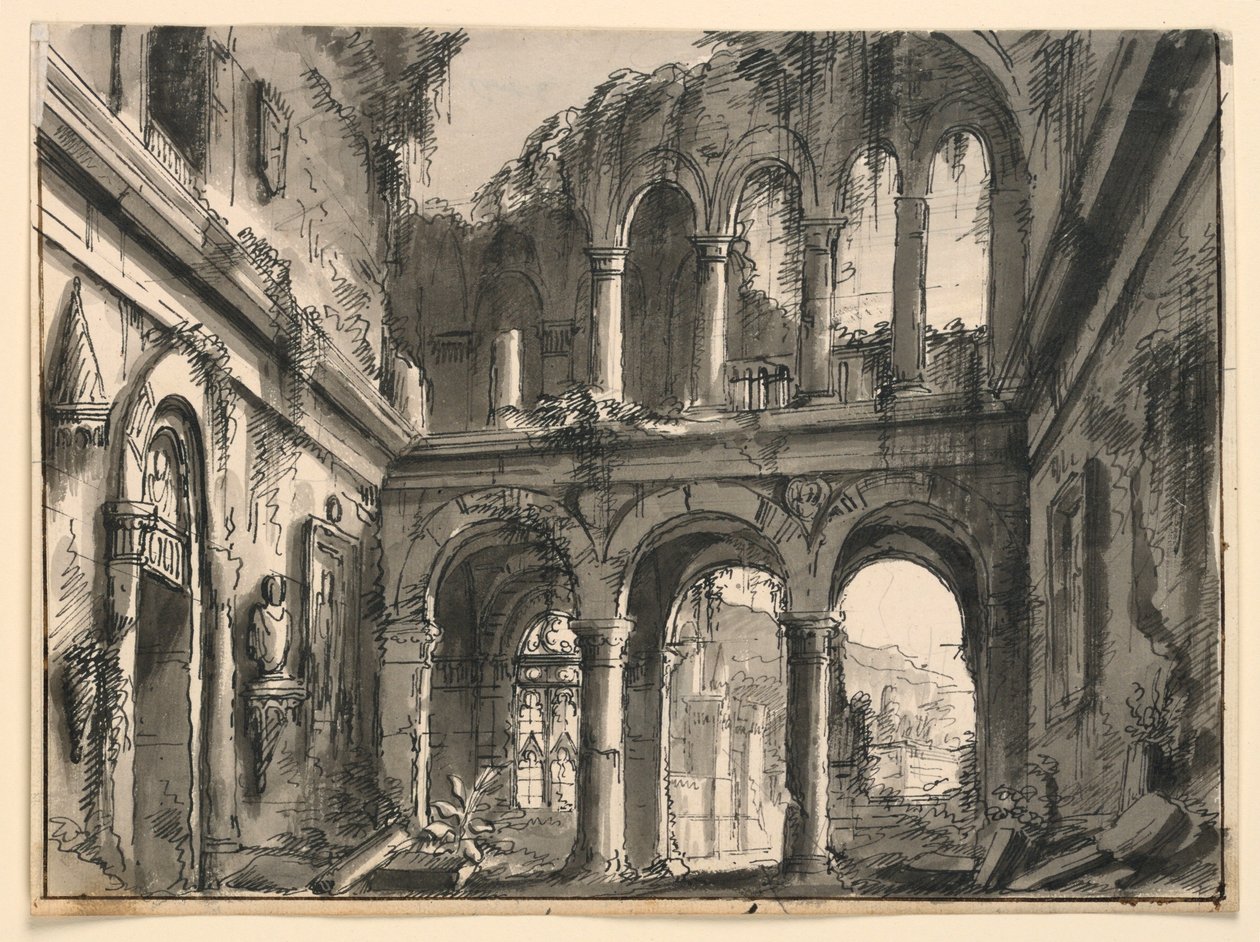 Bühnenbild, Inneres eines zerstörten Renaissance-Palastes von Romolo Achille Liverani