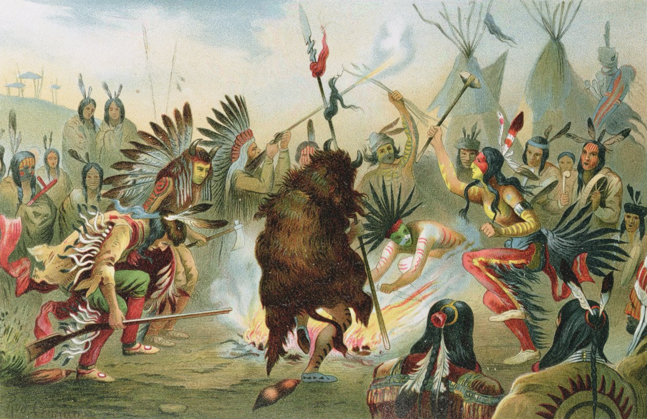 Kriegstanz der Sioux, aus Die Geschichte der Menschheit von Prof. Friedrich Ratzel, veröffentlicht 1904 von Rudolf Cronau