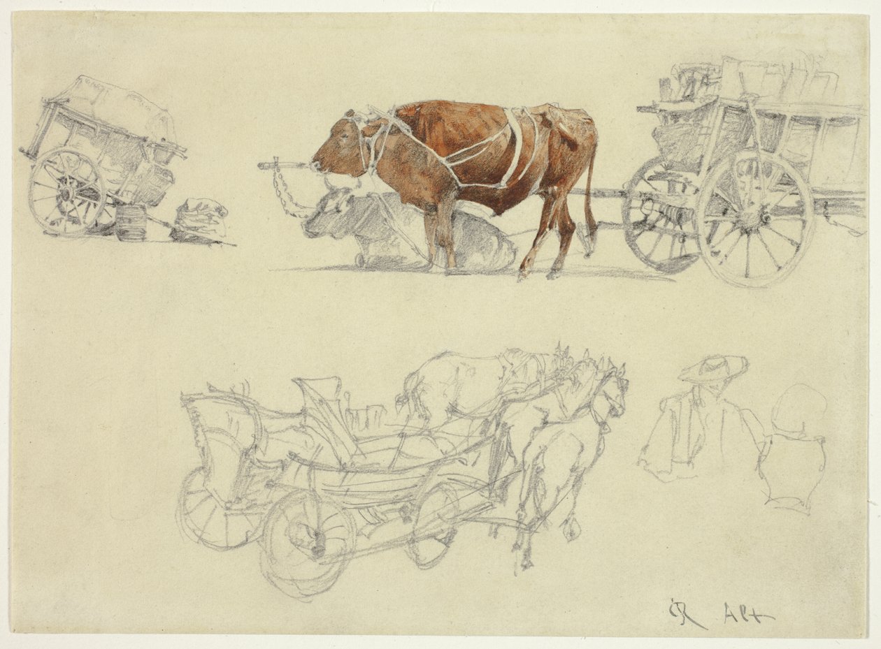 Studien von slowakischen Bauernwagen mit Ochsen und Pferden von Rudolf von Alt