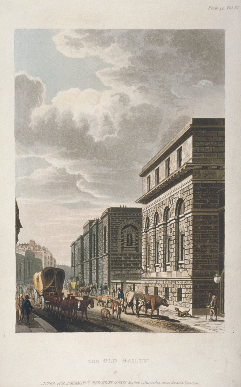 Blick auf Old Bailey, Blick nach Norden, City of London von Rudolph Ackermann
