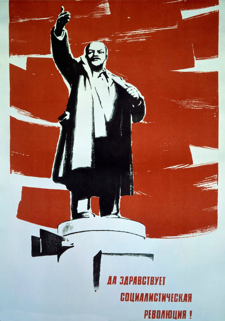 Kommunistisches Propagandaposter, das eine Statue von Wladimir Iljitsch Uljanow, bekannt als Lenin (1870-1924), darstellt, 20. Jahrhundert von Russian School