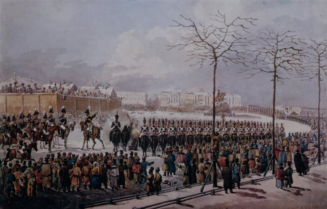 Der Aufstand der Dekabristen auf dem Senatsplatz, St. Petersburg am 14. Dezember 1825 von Russian School