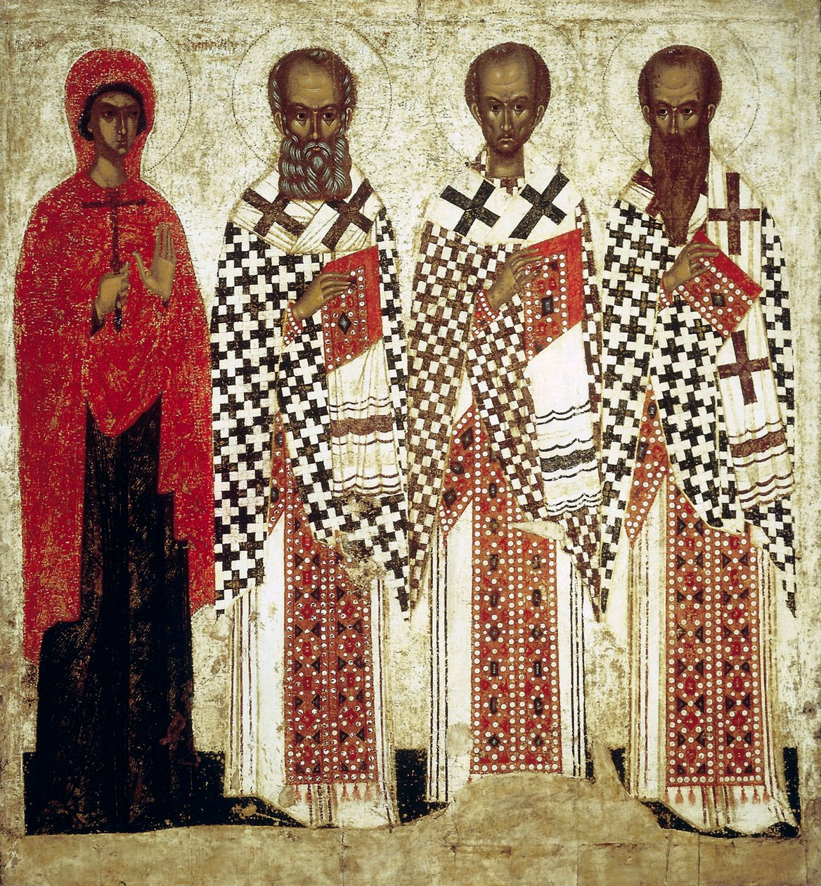 Paraskeva Pyatnitsa, Gregor der Theologe, Johannes Chrysostomus und Basilius der Große von Russian icon.