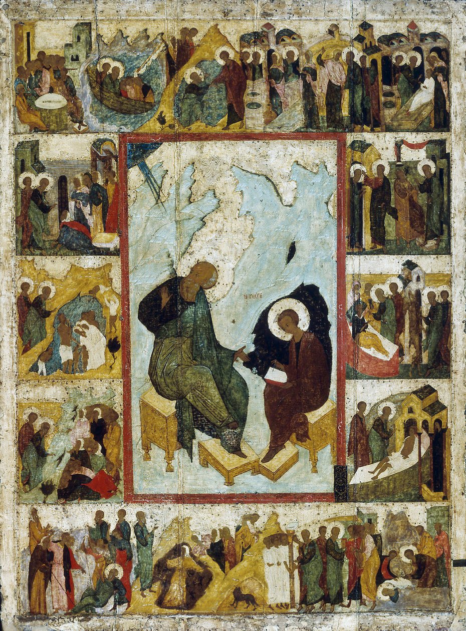 Der heilige Johannes der Evangelist auf Patmos mit Szenen aus seinem Leben, frühes 16. Jahrhundert von Russian icon.