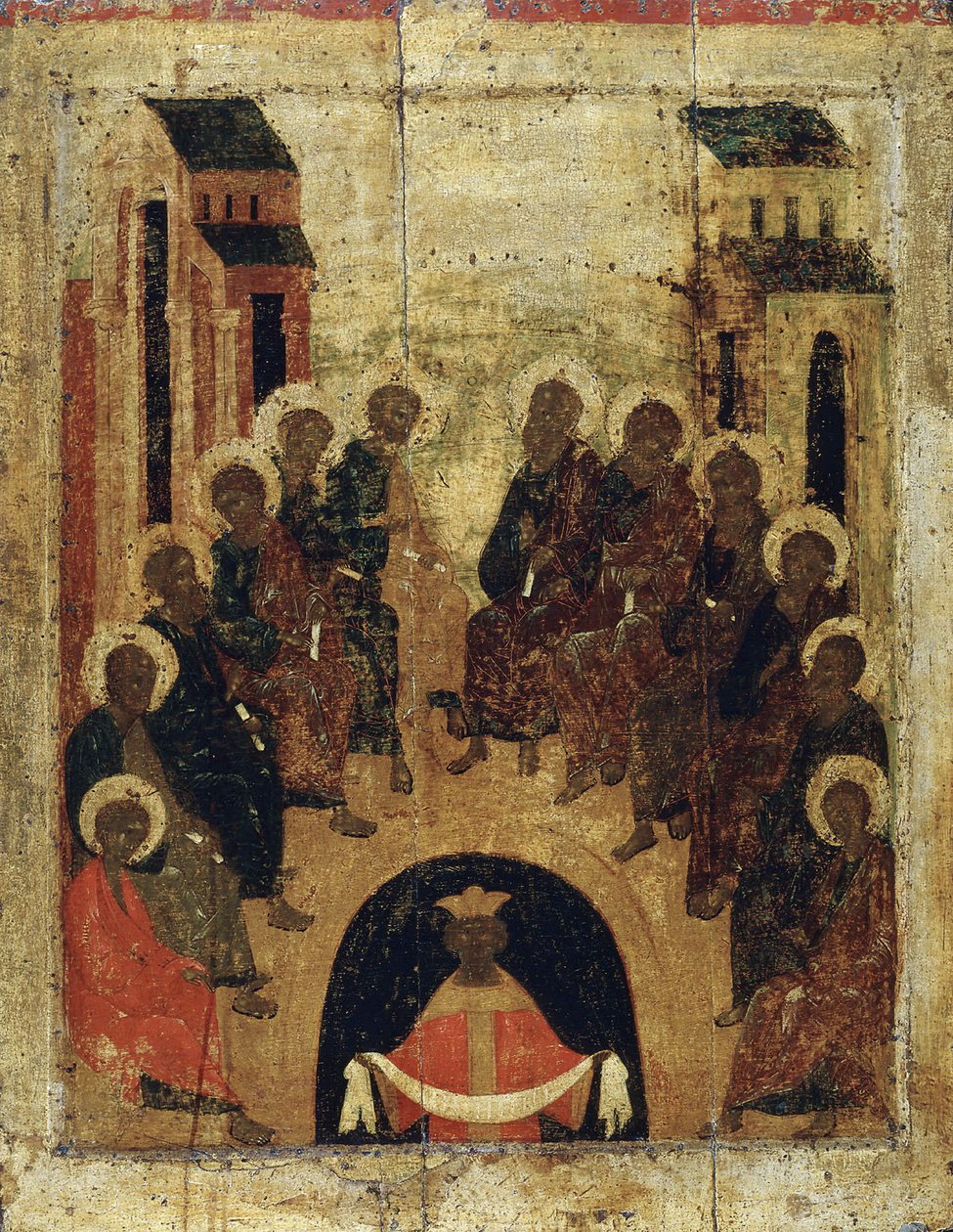 Der Abstieg des Heiligen Geistes auf die Apostel, ca. 1410 von Russian icon.