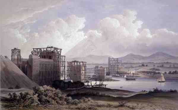 Britannia Tubular Bridge über die Menai-Straße, während des Baus 1848, Lithographie von Day and Son von S. (after) Russell